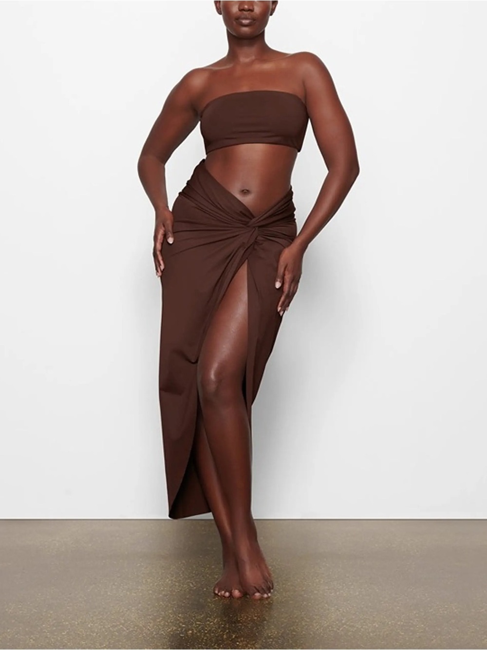 Skims swim Brown Strapless Bandeau Top and Knot Sarong Skirt Set